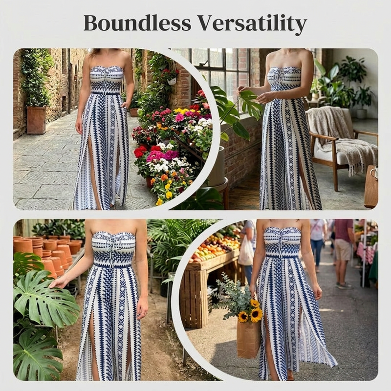 👗💙 Geometric jumpsuit with halter neckline and side slit!