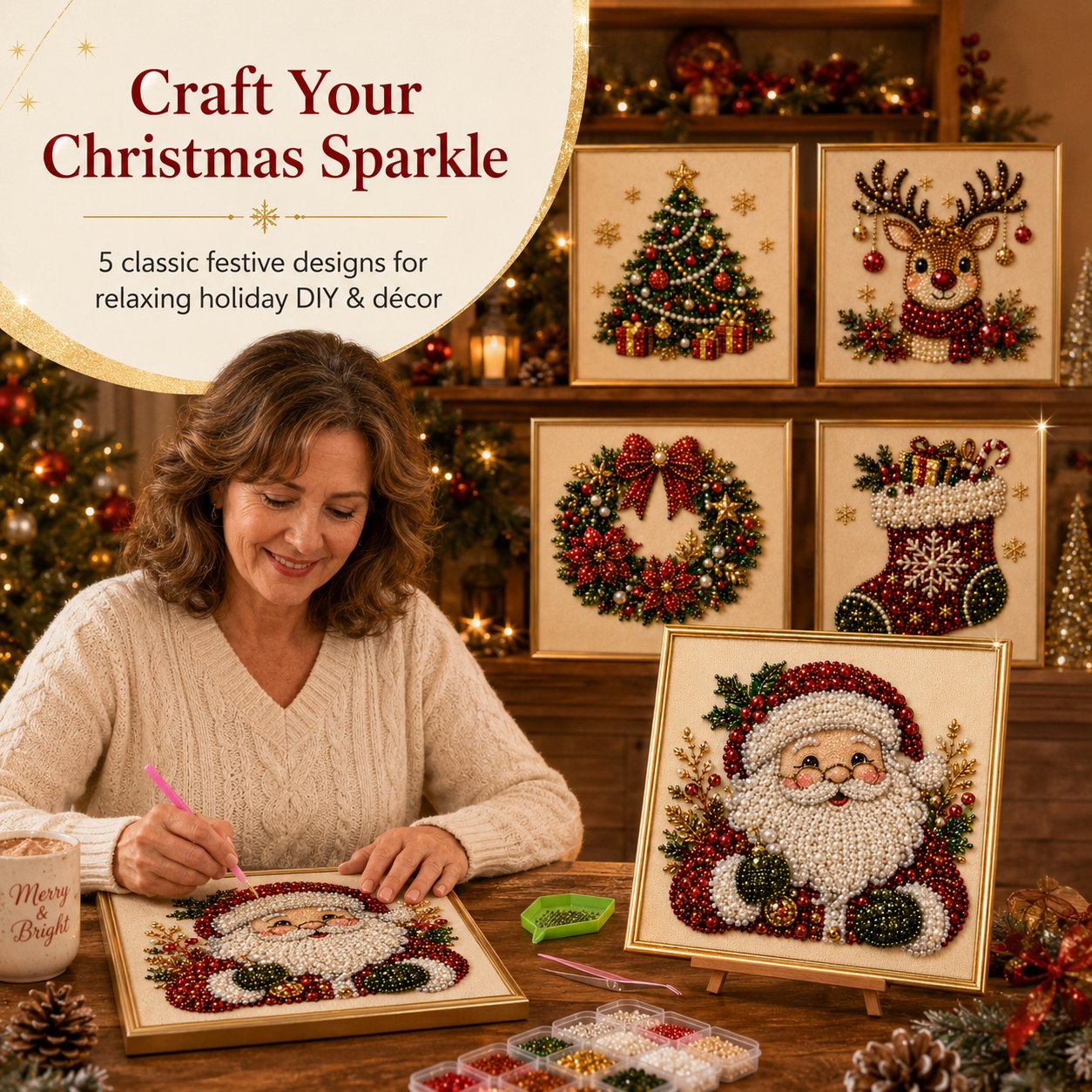 🔥48K+ Sold Only £10.99!!🧘Relaxing & Beginner-Friendly - 🎨💎DIY Christmas Pearl Rhinestone Painting  Art Kit