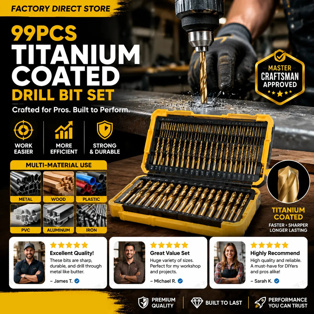 🔧50% OFF NOW ! ⚙️99Pcs Titanium Coated Drill Bit Set, High Hardness Multi-Size Drilling Bits for Wood Metal Plastic Electronics