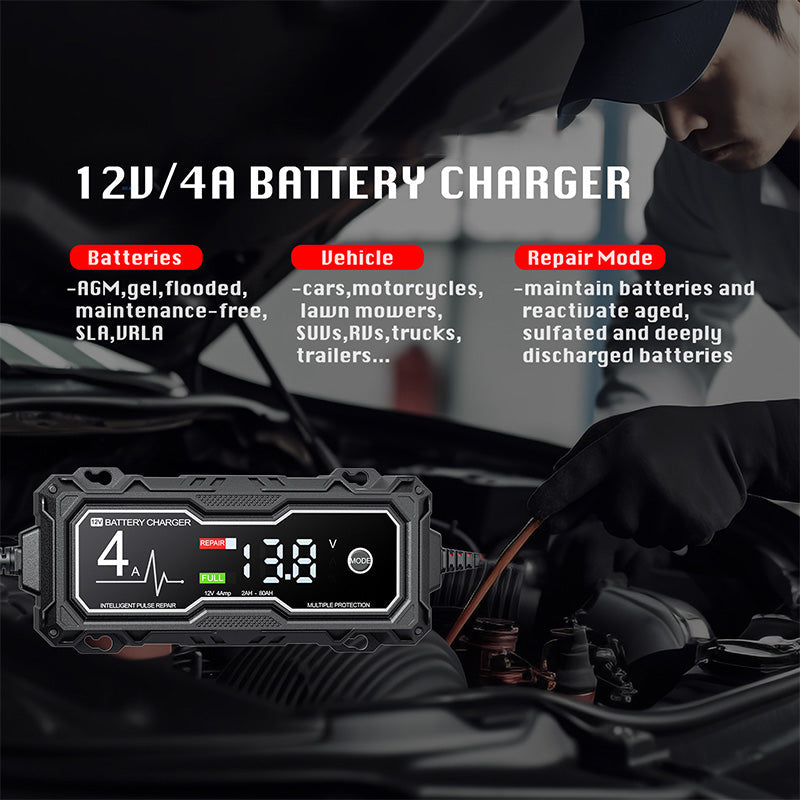 ⚡50% OFF NOW! Smart Car Battery Charger‑ 4A Intelligent Pulse Repair Battery Maintainer, Spark‑Proof Reverse‑Polarity Protection Trickle Charger for 12V Vehicle & Motorcycle Batteries