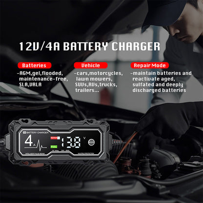 ⚡50% OFF NOW! Smart Car Battery Charger‑ 4A Intelligent Pulse Repair Battery Maintainer, Spark‑Proof Reverse‑Polarity Protection Trickle Charger for 12V Vehicle & Motorcycle Batteries