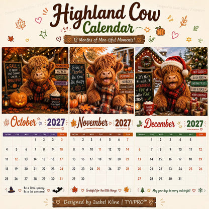 ⏳LAST DAY SALE ONLY ￡9.9!!🔥2027 Funny Highland Cow Wall Calendar | A4 Hanging Calendar | Designed by Isabel Kline