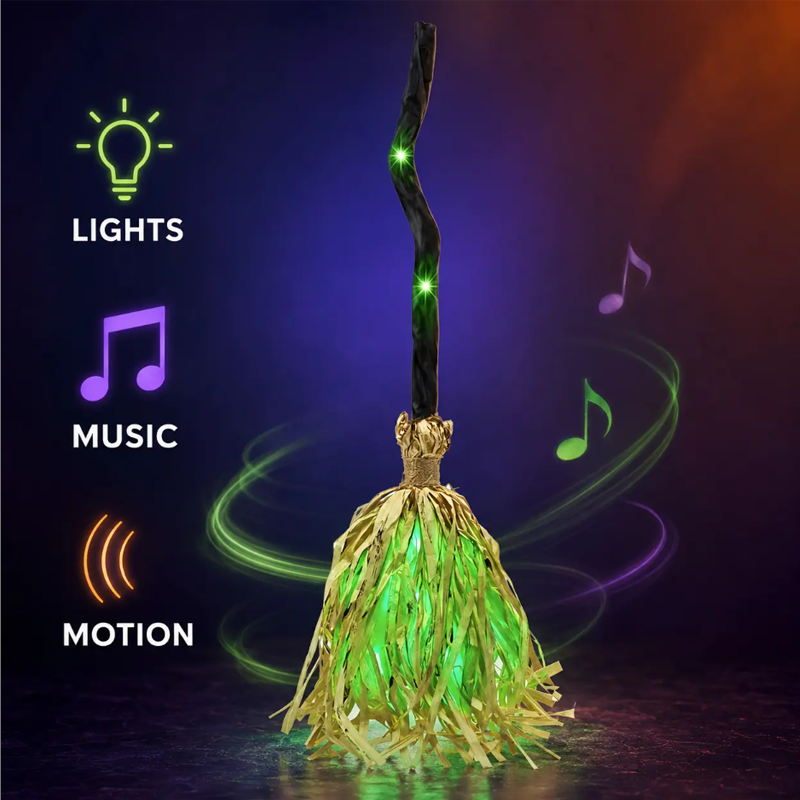 ⏳🔥LIMITED-TIME 50% OFF! ⏰🧙 Animated Witch Broom Halloween Decoration with Lights and Sound
