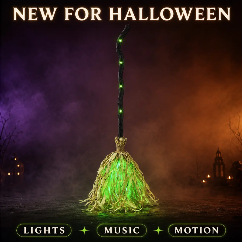 ⏳🔥LIMITED-TIME 50% OFF! ⏰🧙 Animated Witch Broom Halloween Decoration with Lights and Sound