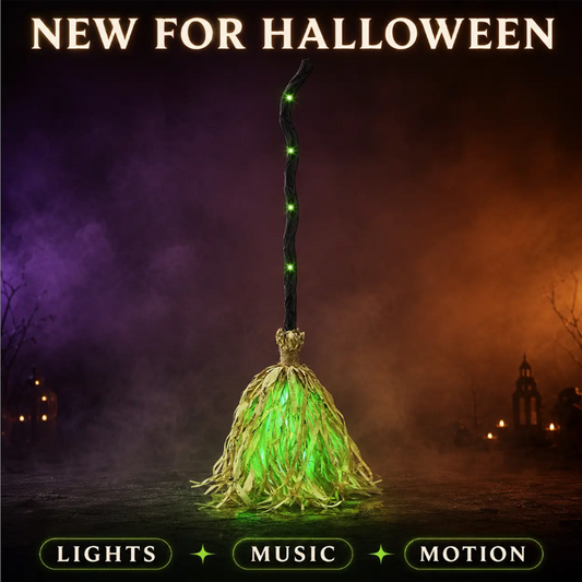 ⏳🔥LIMITED-TIME 50% OFF! ⏰🧙 Animated Witch Broom Halloween Decoration with Lights and Sound