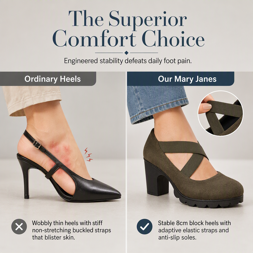 🎉✨Women's Mary Jane shoes with a round toe, crisscross straps, block heel, platform, and cutouts, high heels