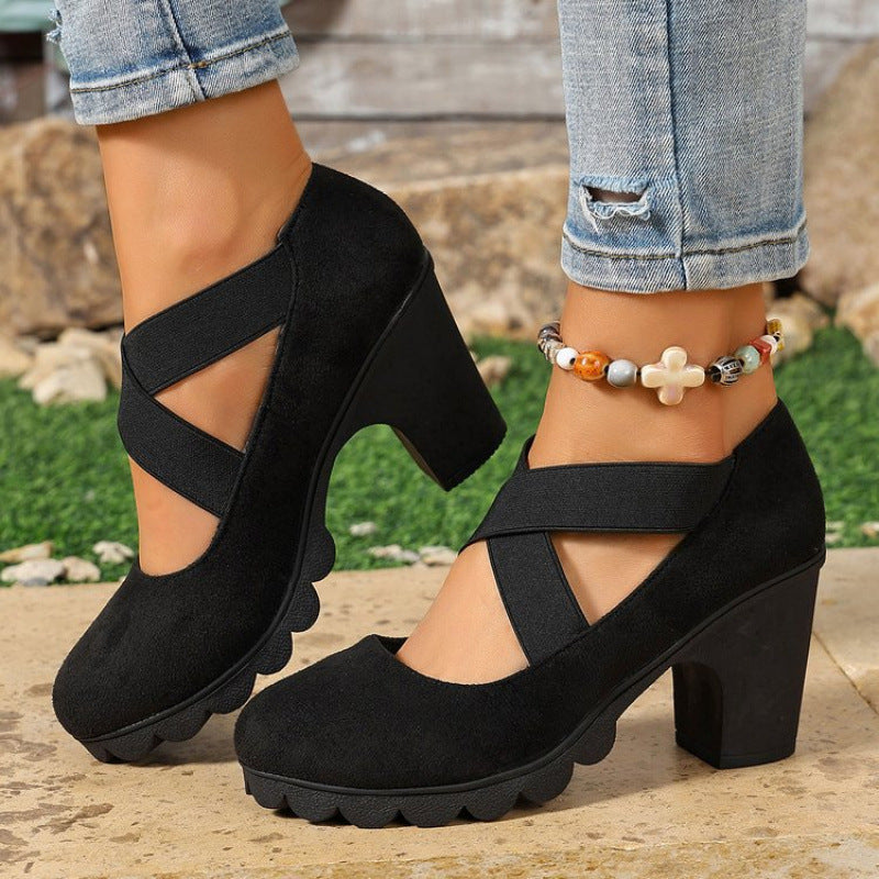 🎉✨Women's Mary Jane shoes with a round toe, crisscross straps, block heel, platform, and cutouts, high heels