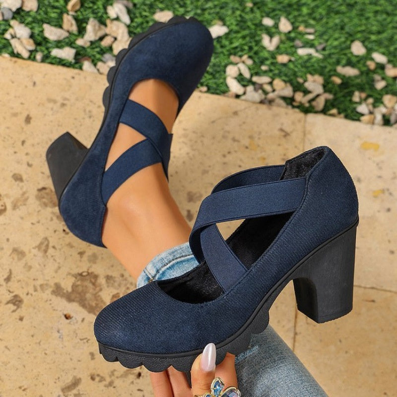 🎉✨Women's Mary Jane shoes with a round toe, crisscross straps, block heel, platform, and cutouts, high heels