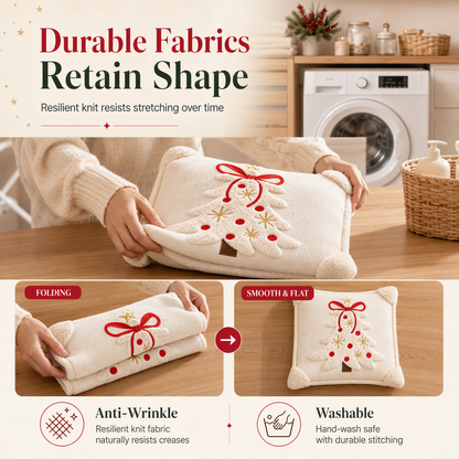 ⏳🔥LIMITED-TIME 50% OFF! ⏰Embroidered Christmas Tree Throw Pillow Cover with Bow (45x45cm) | Decorative Cushion Cover for Living Room Sofa🎄🧸