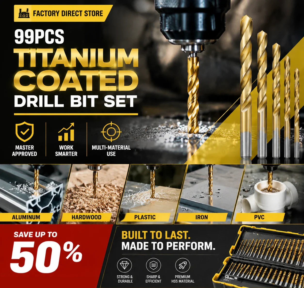 🔧50% OFF NOW ! ⚙️99Pcs Titanium Coated Drill Bit Set, High Hardness Multi-Size Drilling Bits for Wood Metal Plastic Electronics