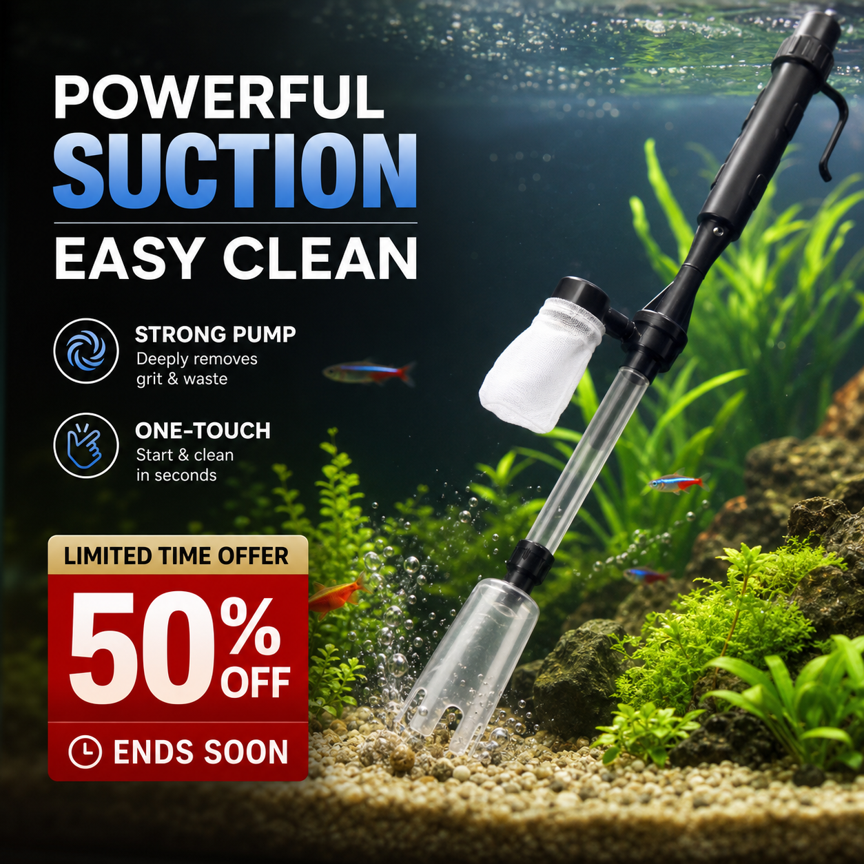 ⏳ LAST DAY 50% OFF! ! 🔥 Electric Aquarium Gravel Cleaner – Powerful Siphon, Hands-Free Operation & Crystal-Clear Tank Water ✨