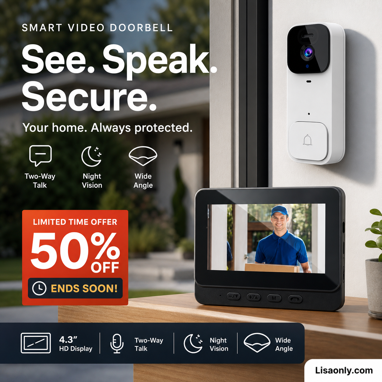 🔔 LIMITED-TIME 50% OFF! ✨ Smart Video Doorbell with 4.3" Display – Two-Way Audio, Night Vision, Wide Angle 🏠
